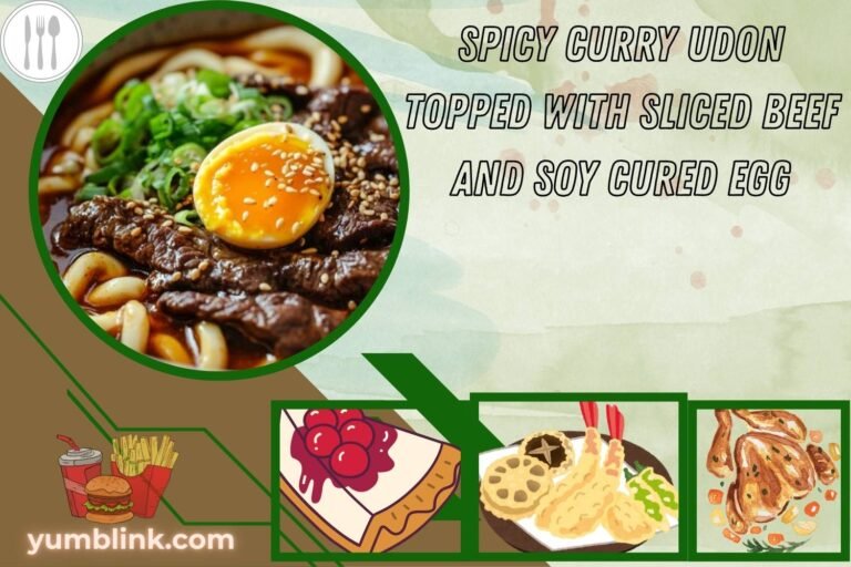spicy curry udon topped with sliced beef and soy cured egg