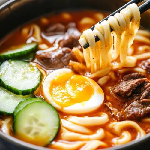 Spicy Curry Udon Topped With Sliced Beef And Soy Cured Egg