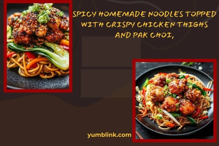spicy homemade noodles topped with crispy chicken thighs and pak choi,