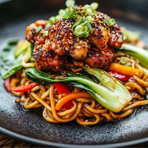 Spicy Homemade Noodles Topped With Crispy Chicken Thighs And Pak Choi