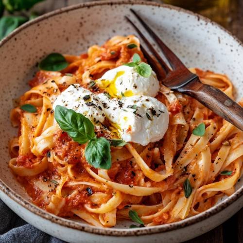 Roasted Red Pepper And Burrata Pasta